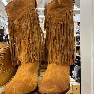 Tan Heeled Boots with Fringe Detail
